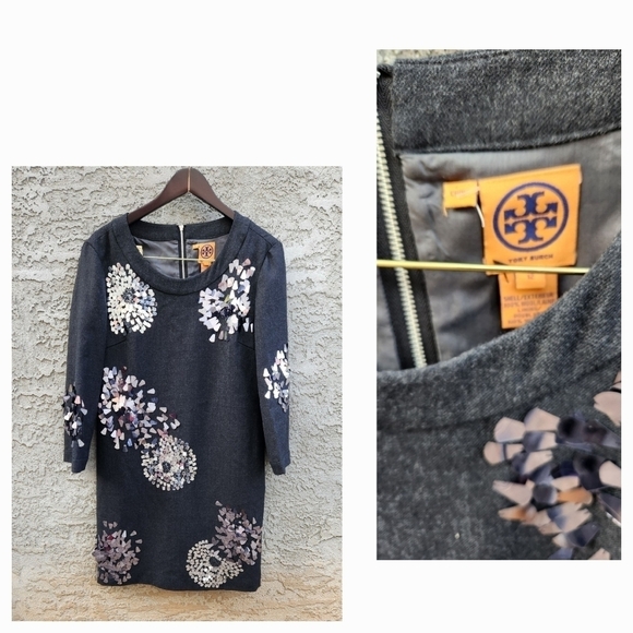 TORY BURCH GRAY WOOL  SEQUIN EMBELLISHED SARRA MINI DRESS‎ - Picture 2 of 2